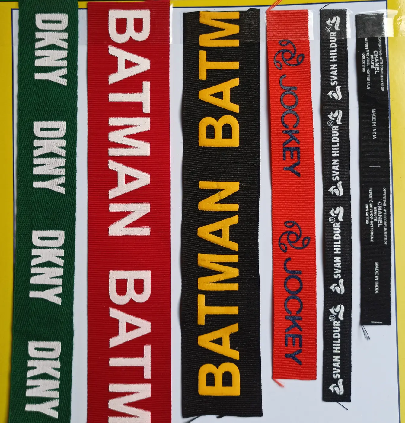 Printed cotton and polyester tape samples
